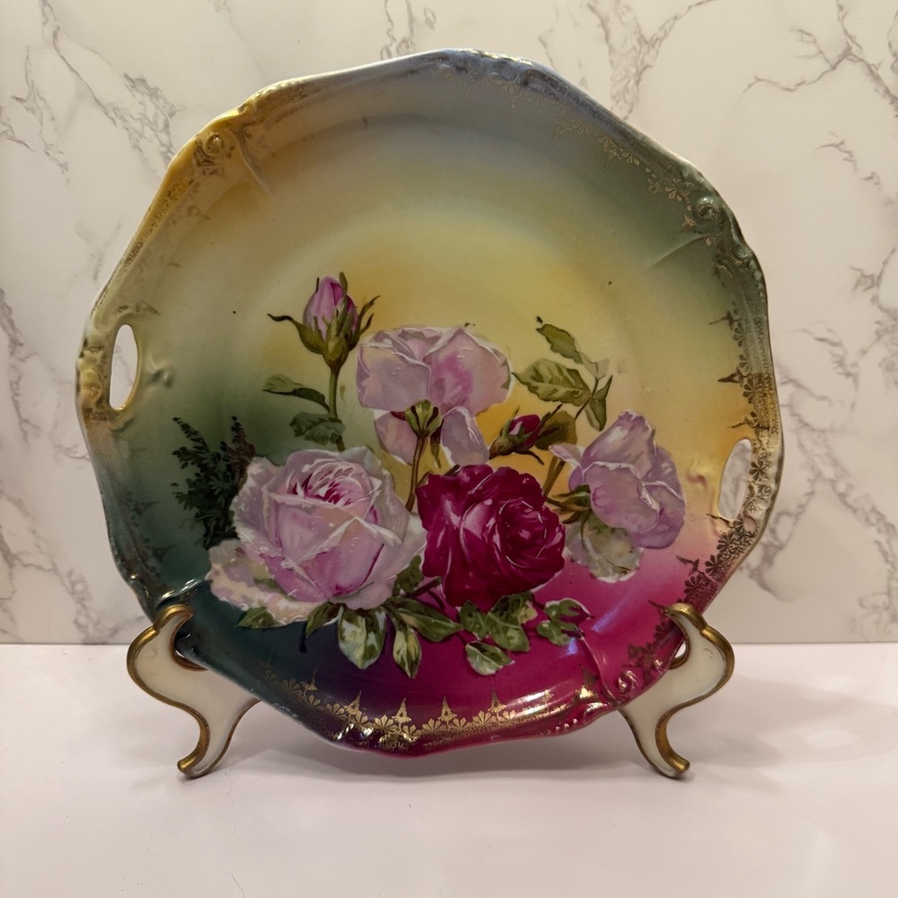 Antique floral cake plate pink purple green